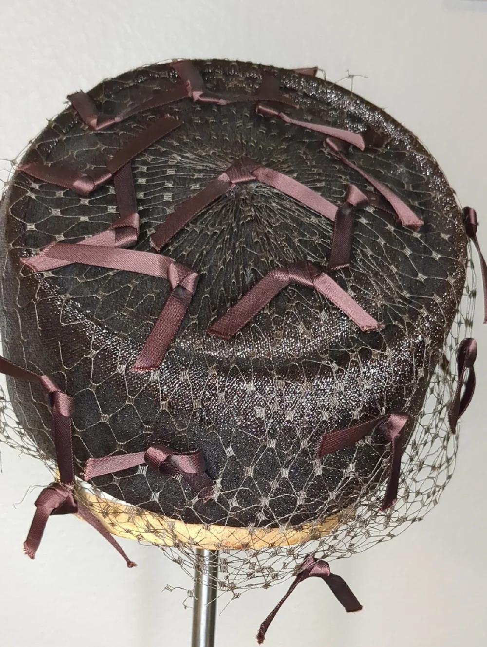 Vintage 50s Joseph Magnin Pillbox Hat Brown Netted W/ Bows Elegant Mid Century
